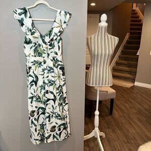 L'ATISTE White Jumpsuit with Green Leaf Print